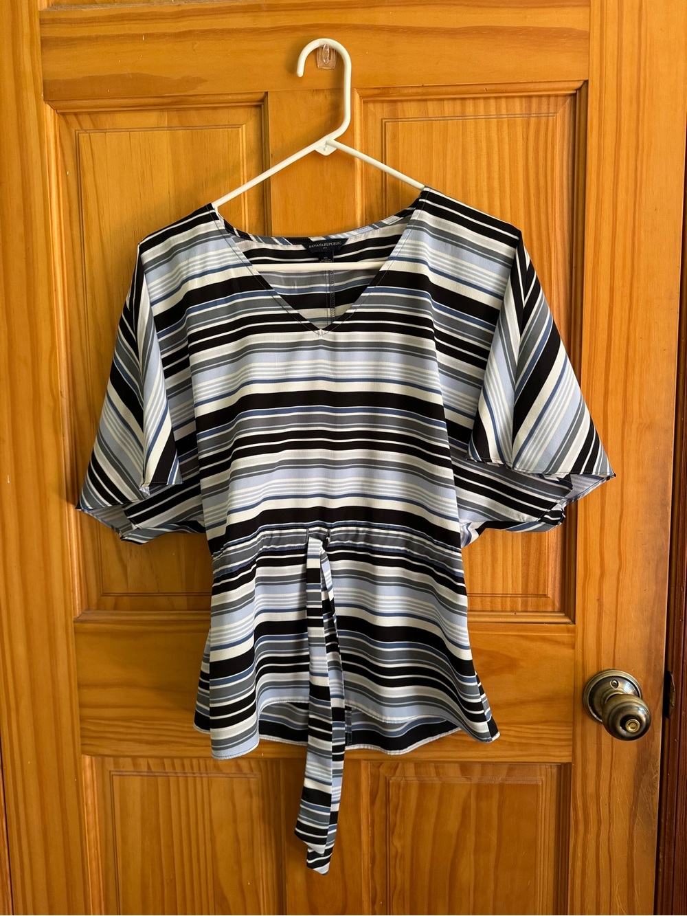 Navy, blue white striped blouse with cinch waist belt size XS Banana Republic